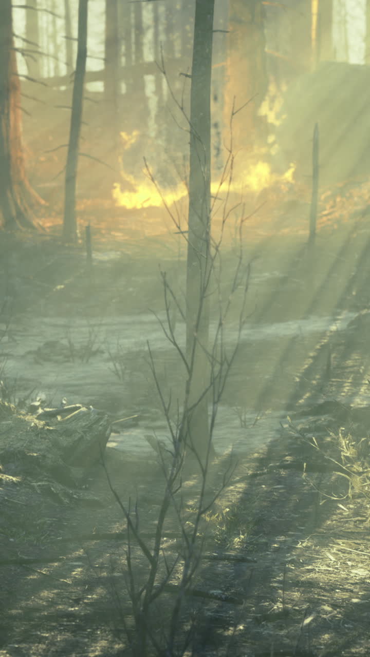 Enchanted forest ablaze as sunlight filters through smoky trees