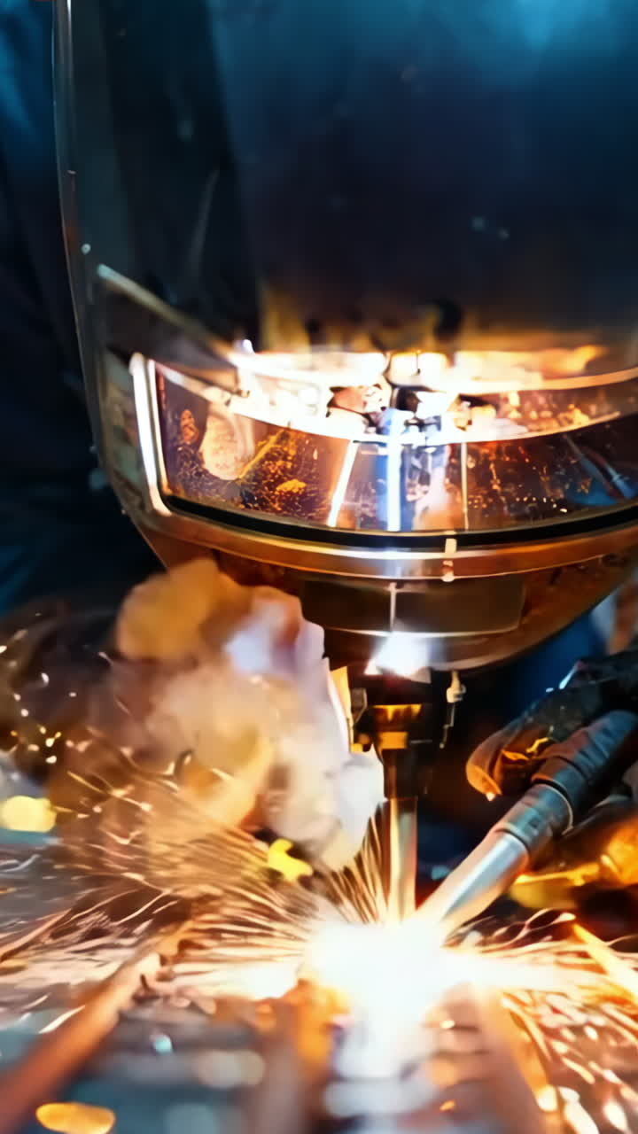 Welding Sparks Fly in Busy Industrial Workshop During Afternoon Shift. A skilled worker conducts welding tasks in a bustling industrial workshop
