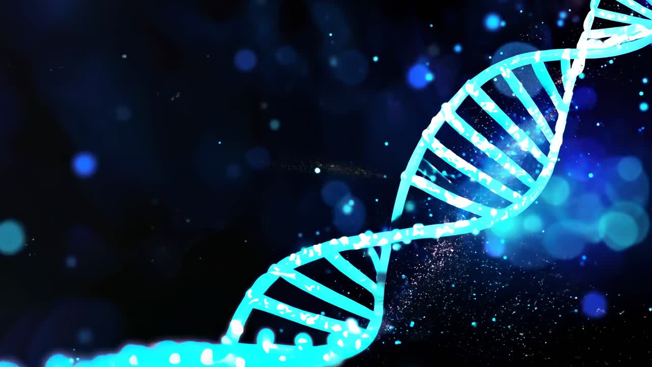 A dynamic video concept featuring a glowing DNA helix against a dark, bokeh-filled background