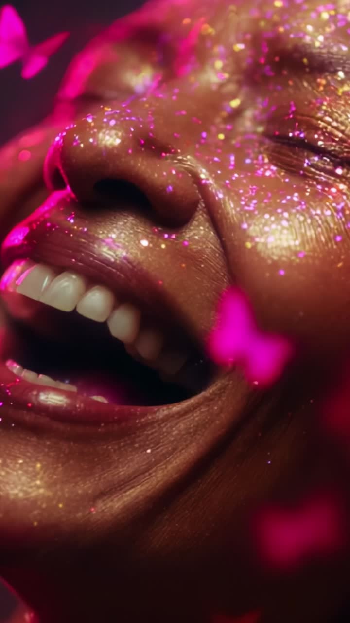 Espressione gioiosa catturata in dettagli straordinari: primo piano di una donna che ride con glitter scintillanti e farfalle colorate che circondano il suo sorriso radioso