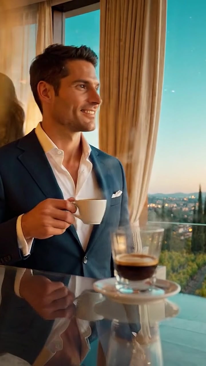 Uomo Elegante che si Gode un Caffè in un Ambiente Moderno e Lussuoso con Vista Panoramica sul Paesaggio da Ampie Finestre nella Luminosa Luce Serale