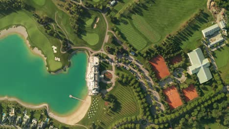 aerial overhead view of a golf resort with beautiful abstract patterns, sand traps, trees tennis courts, and a turquoise lake