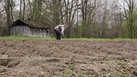 retired woman working on arable land with hands, distance static view