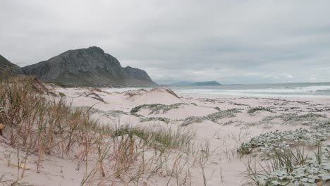 playa prístina con dunas de arena y vegetación a medida que las olas se rompen y las montañas en la distancia