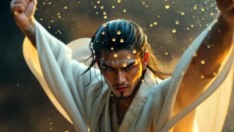 masterful martial artist practices in an ancient setting during sunset