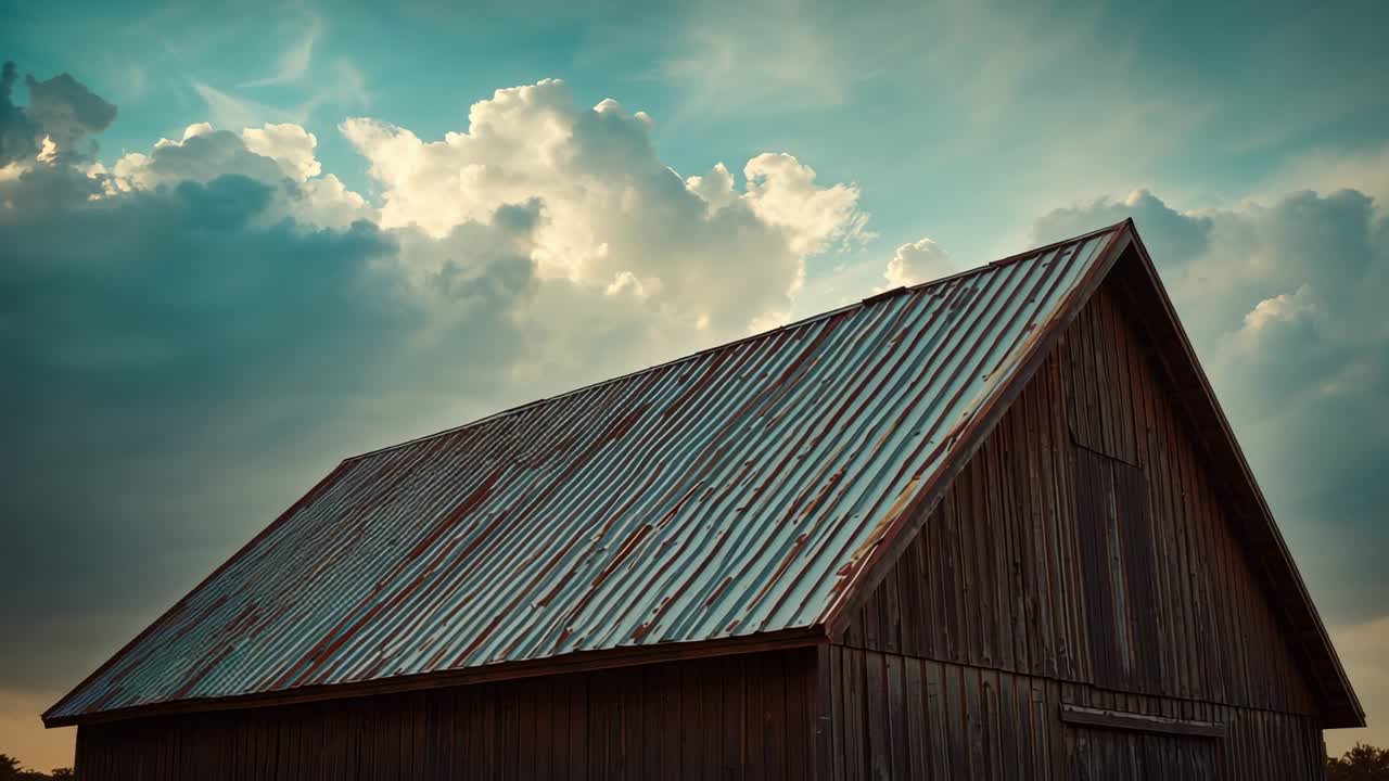 Sun moving above horizon, casting shifting light on barn roof in rural farm and corrugated panels