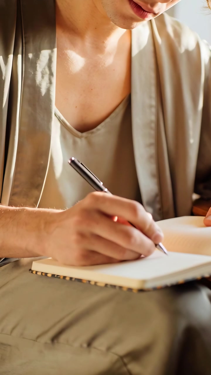 Vertical video: Lowering head woman placing pen writing notes on lap journal in robe at home