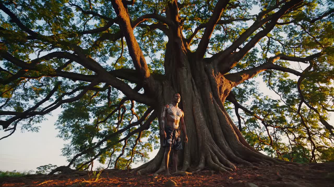 Indigenous man with traditional body paint stands at the base of a large, ancient tree, symbolizing a deep connection with nature and ancestral heritage