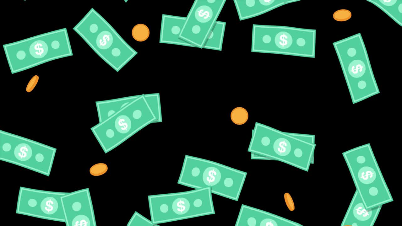 Animation of bills and coins rain. 2d flat style. Falling Dollar ...
