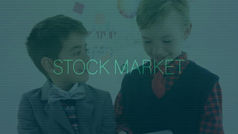 Stock-market-text-animation-over-two-children-in-business-attire