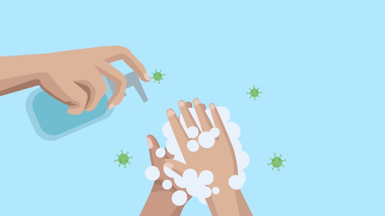 partículas de covid-19 con lavado de manos y botella de jabón