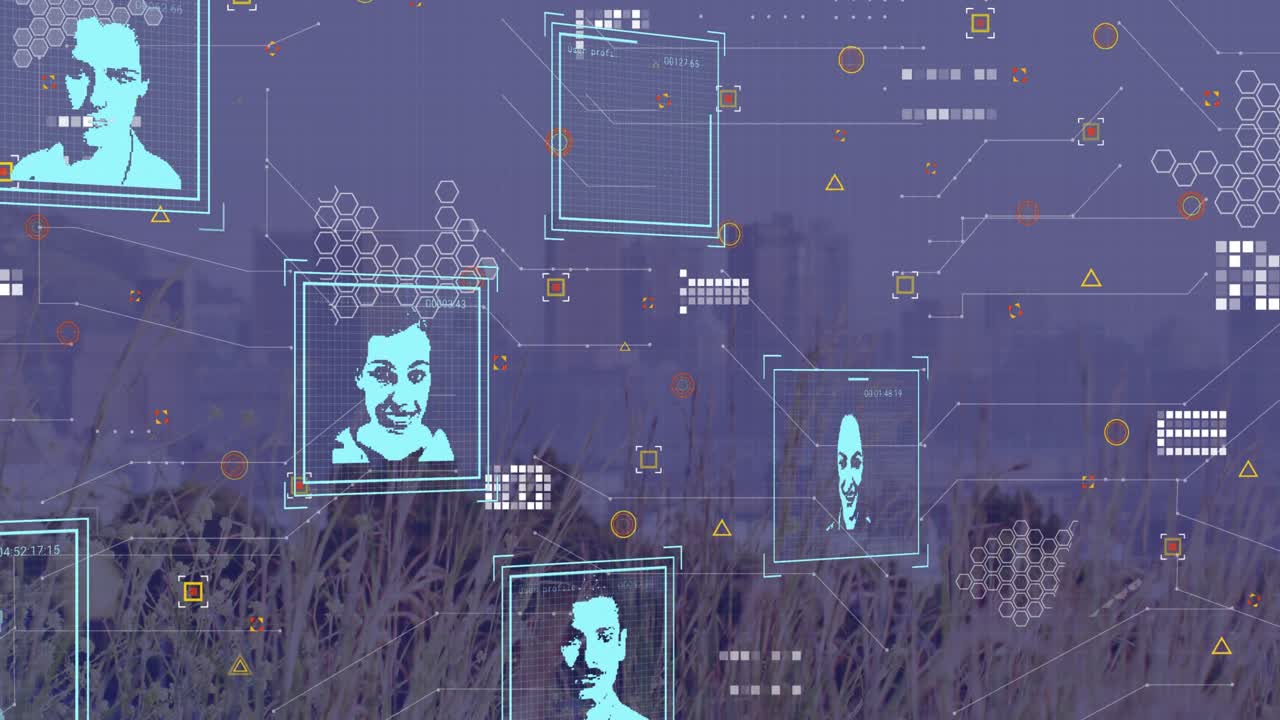 Animation of user photos and icons over cityscape