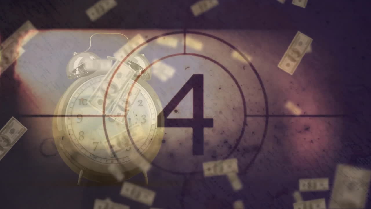 animación de la cuenta atrás sobre el reloj y billetes de dólares estadounidenses