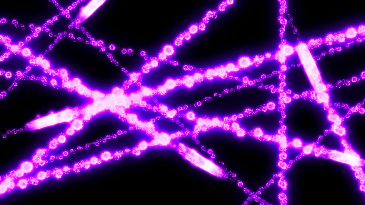 Fili luminosi rosa magenta che si intersecano su uno sfondo nero profondo, con intensità pulsante visibile, bagliore mutevole, ammassi granulari, sovrapposizione diagonale, profondità stratificata e punti caldi radiosi.