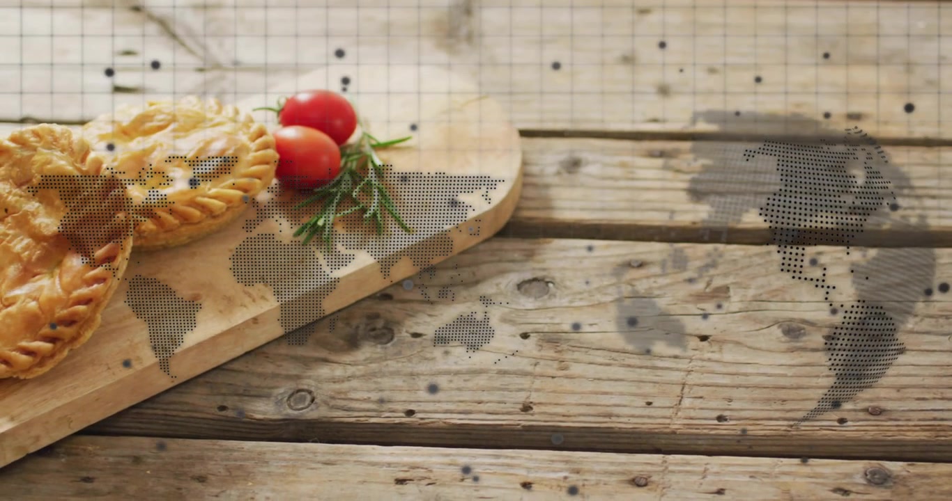 Cutting board sliding into view, tomatoes and herb landing hand pies adding for close up showcase