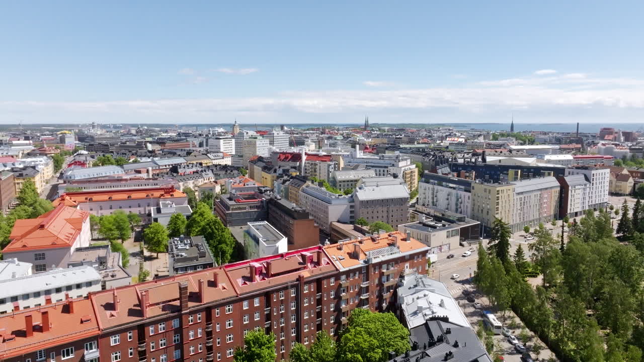 Aerial tracking shot of streets and buildings in the Toolo district of Helsinki