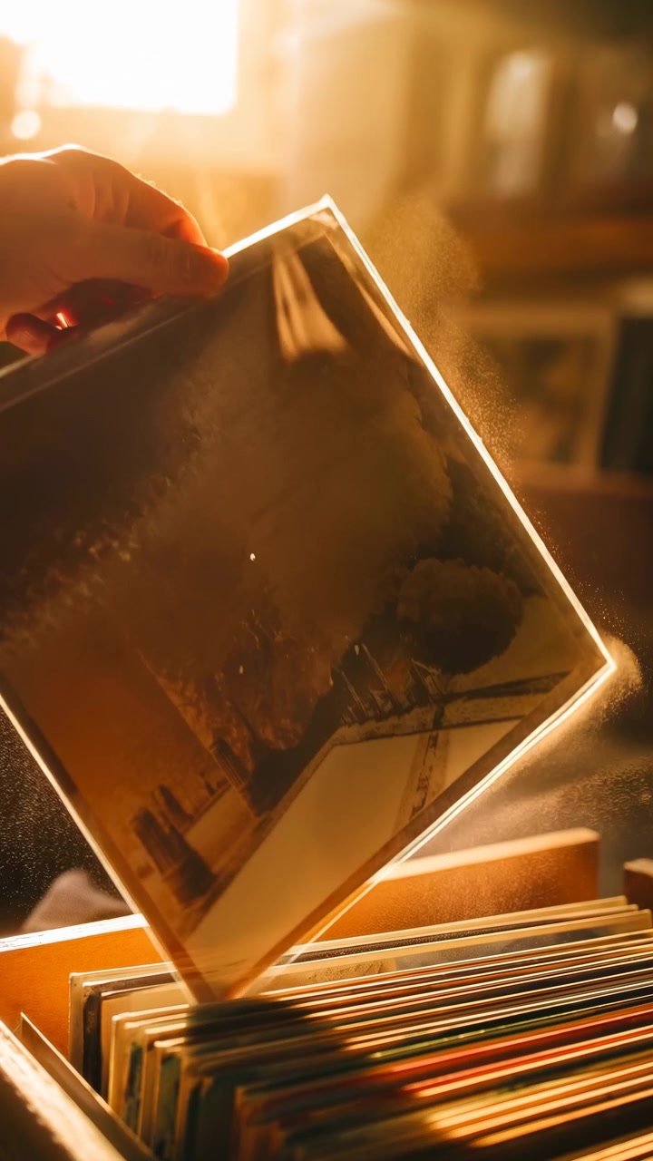 Vista ravvicinata di una mano che seleziona e solleva una singola copertina di disco in vinile da una cassa di legno, la copertina protettiva che cattura la retroilluminazione ambrata con un bagliore sui bordi, texture del legno, granelli di polvere e atmosfera musicale retrò.