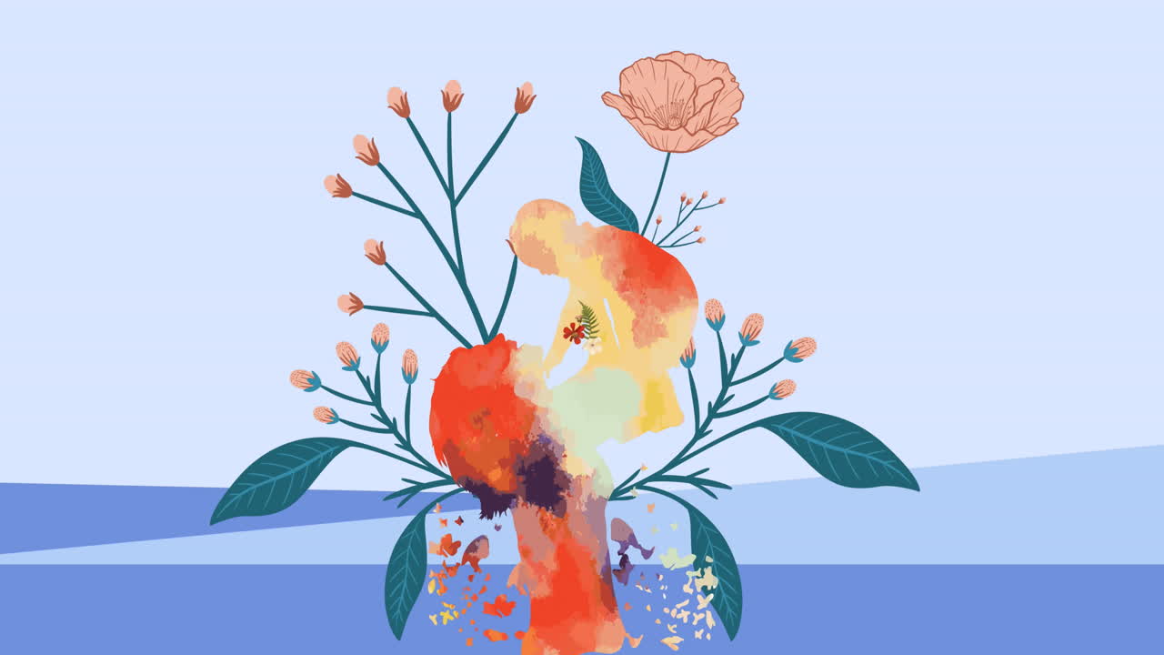 animazione di madre con bambino che dipinge sopra la pianta