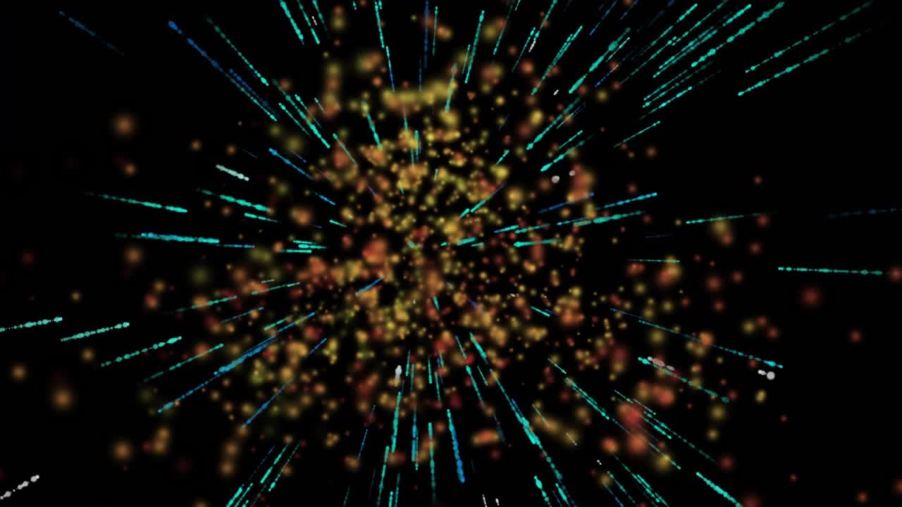 When sparse golden cluster swelling, teal blue streaks stretching into tunnel for fast expansion