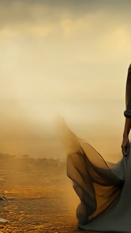 woman in flowing dress stands in a dusty, desolate landscape at sunset