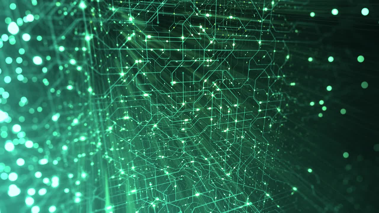 ciudad digital abstracta. placa de circuito digital, placa base, chip digital. digitalización de la información: it, iot, servidor, centro de datos. visualización animada de los datos de la red. renderizado en 3d, bucle sin costuras en 4k