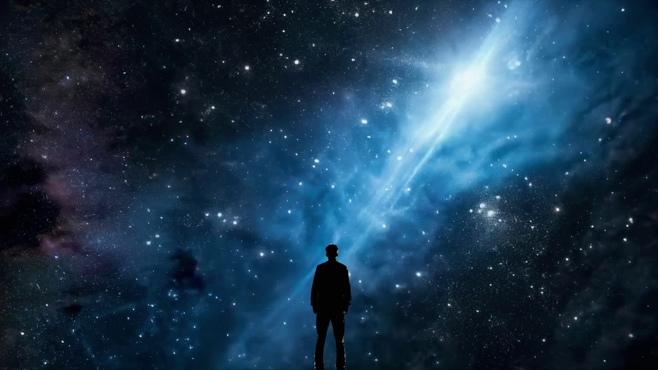 Silhouette of a person gazing at a starry sky with a cosmic nebula