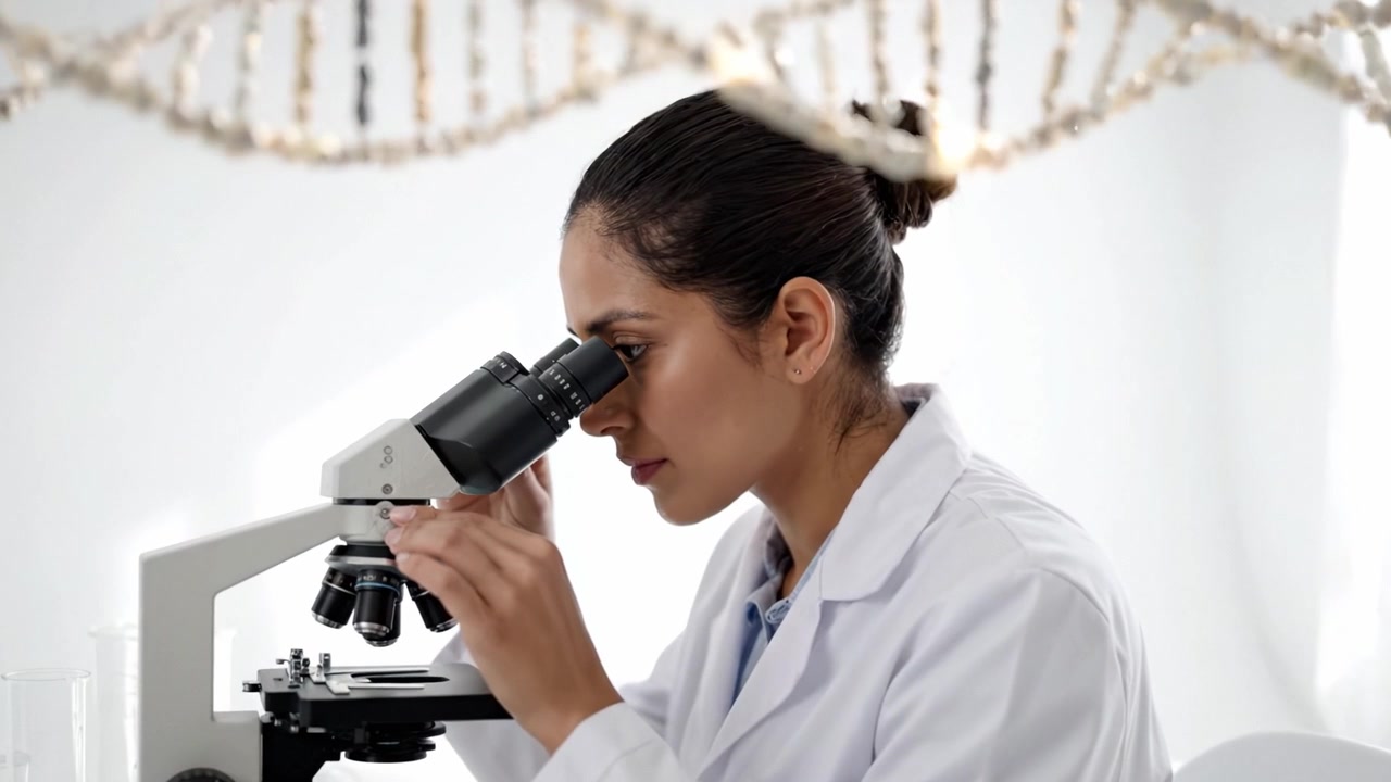 A focused scientist examines a specimen under a microscope, exploring the intricate details of biological samples with passion and dedication to research.