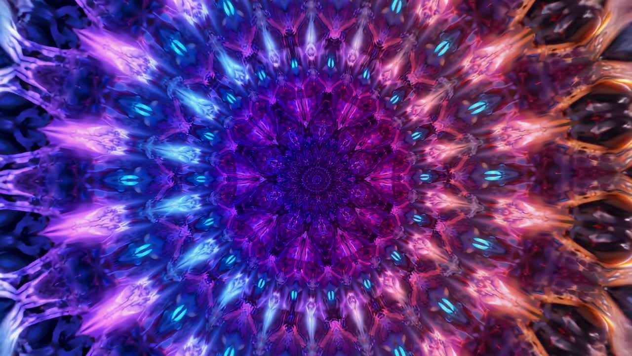 Starting spin fractal mandala shifting hues, pulsing spokes expanding then contracting, on screen