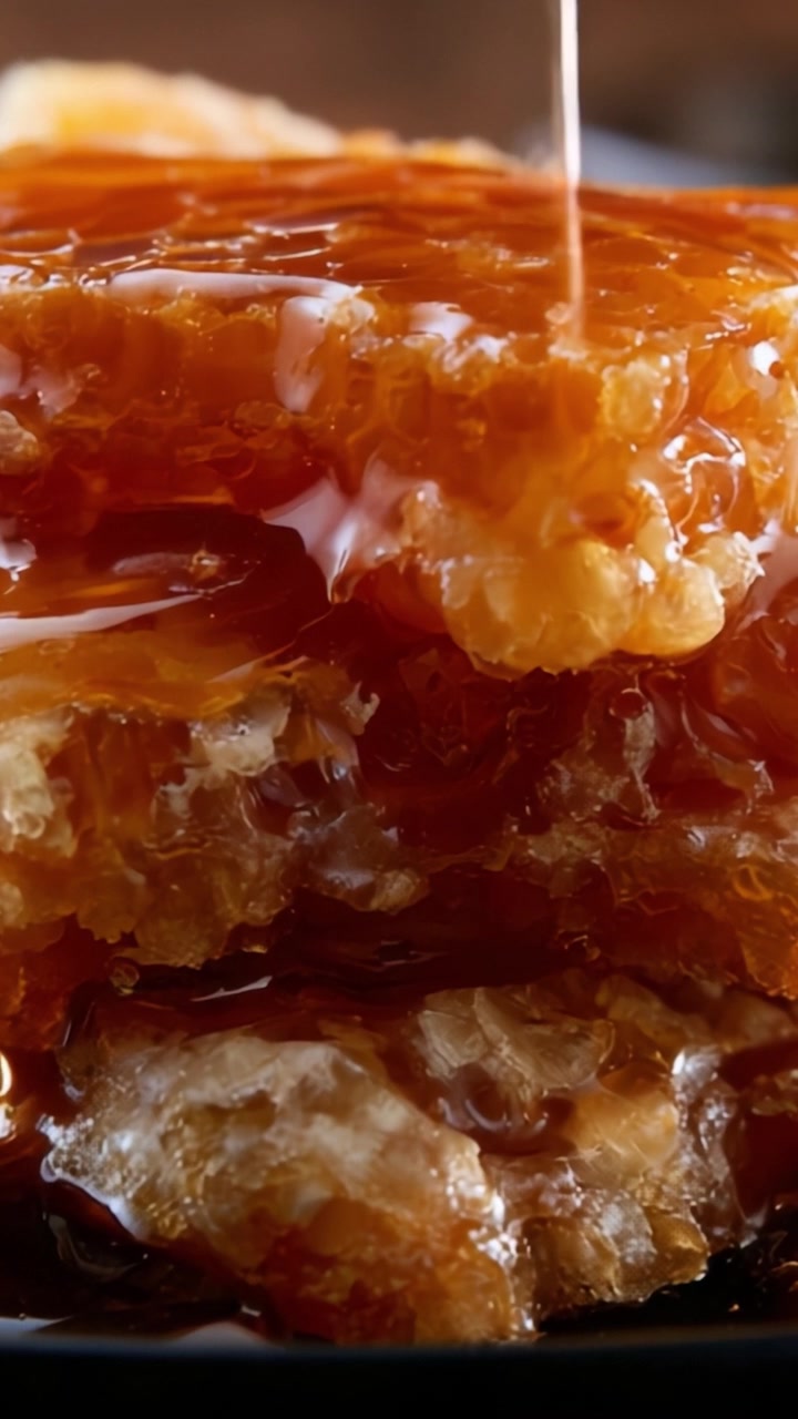 Uno sguardo ravvicinato a un delizioso favo di miele irrorato con sciroppo dorato, che ne mostra la consistenza dolce e il sapore ricco con dettagli e colori vivaci.