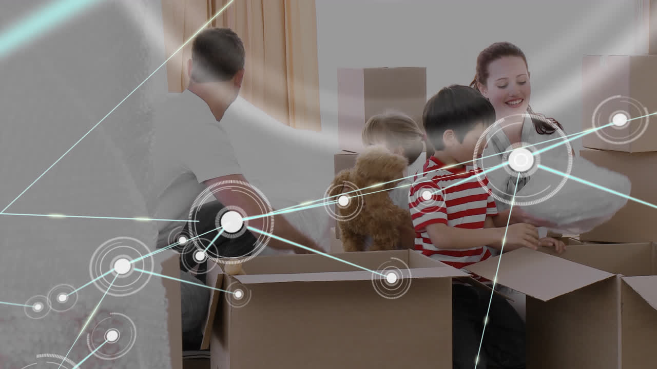 아이콘과 카우카스 가족이 박스를 풀고 있는 연결망의 애니메이션