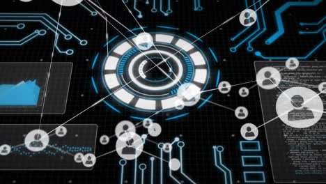 animación del procesamiento de datos y la red de conexiones sobre fondo negro