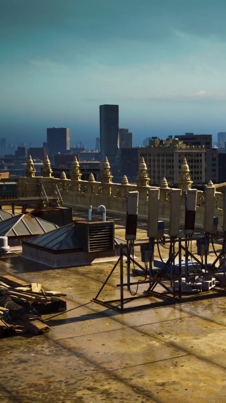 City rooftops in daylight with urban setting and distant skyline