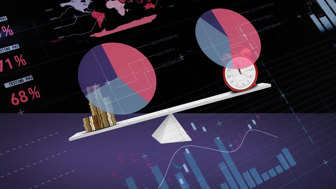 Animation of financial data processing over scales with stacks of coins and alarm clock