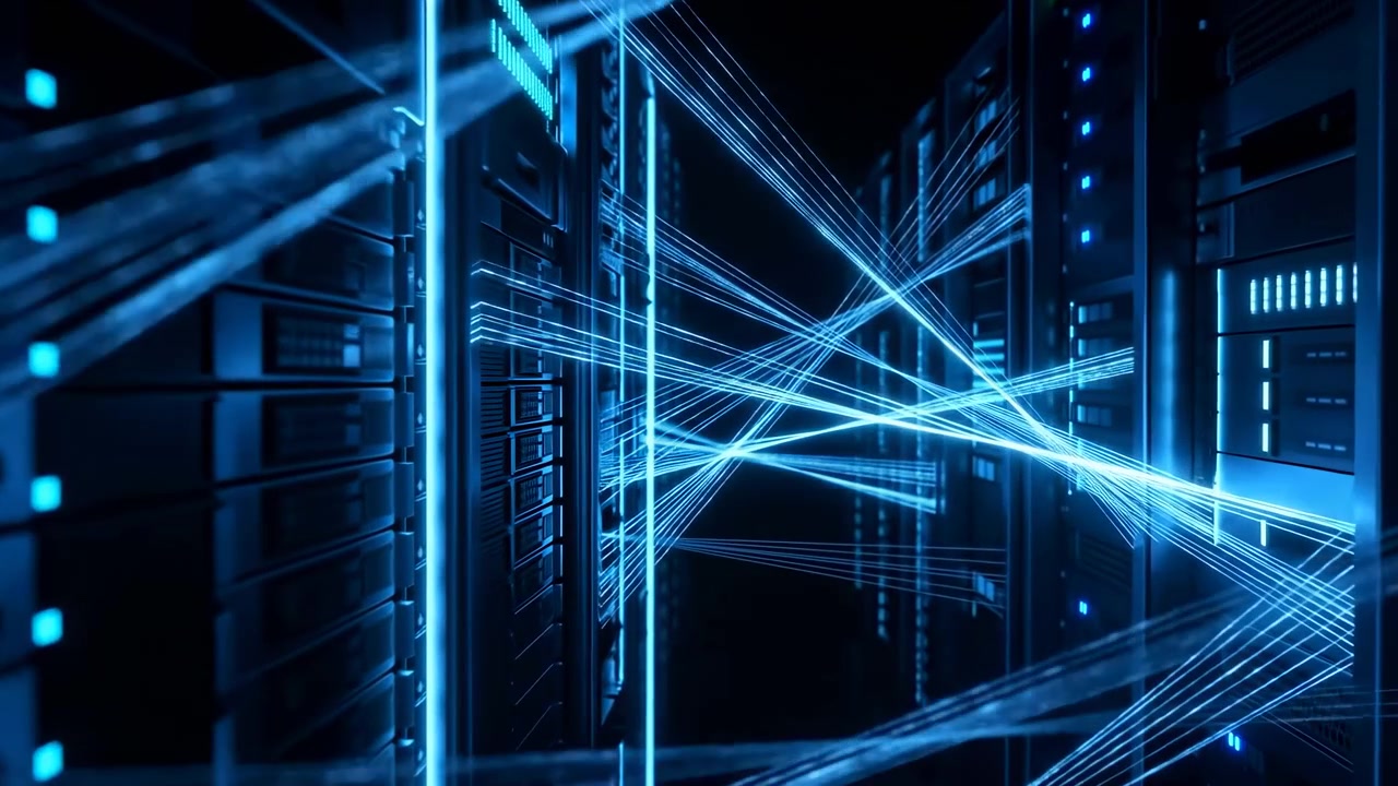 Mid-level view down enclosed datacenter aisle showing server racks on both sides with luminous cyan fiber-like beams crossing into bright nodes, metallic panels, cool reflections, strong symmetry