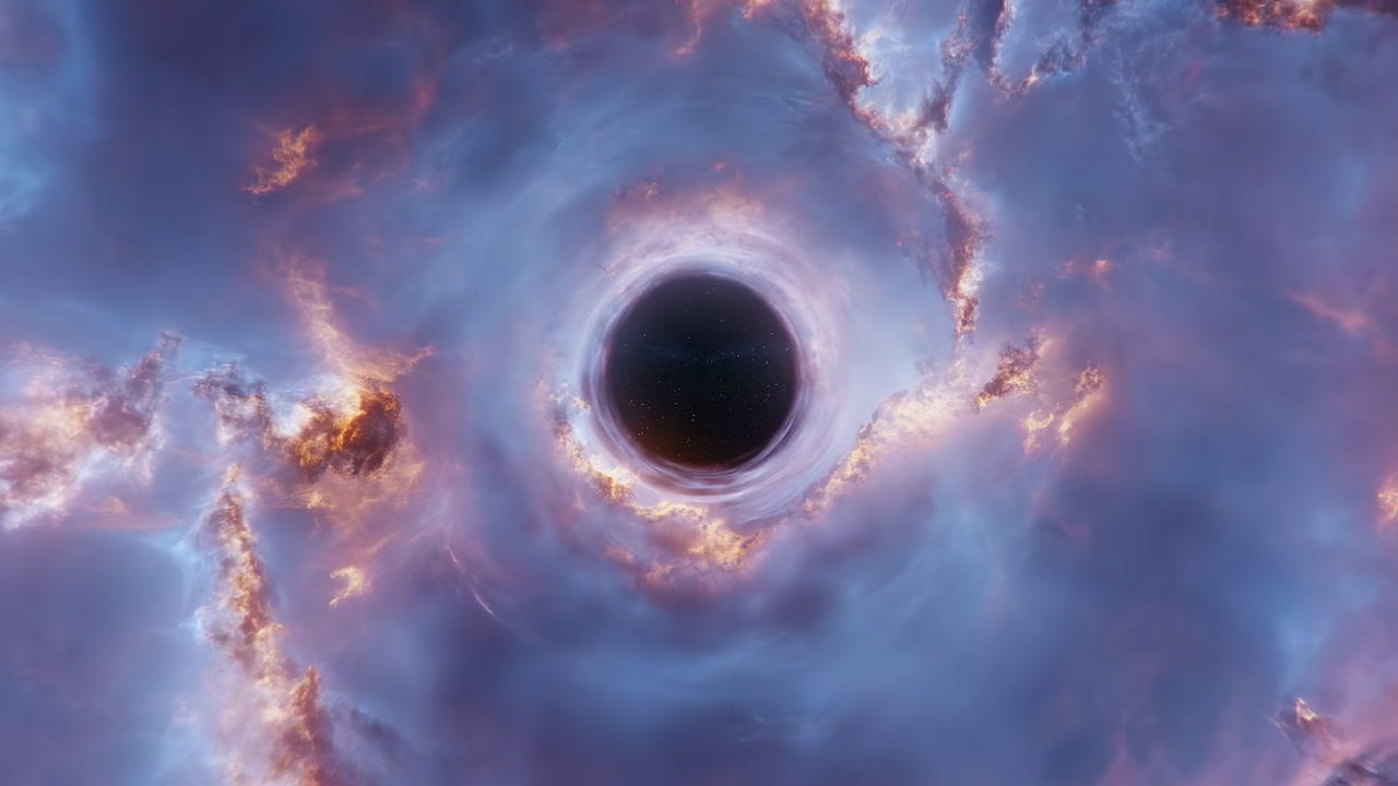 Purple Nebula Surrounding Black Singularity Center, Swirling Clouds With Fiery Filaments And Gravity Lensing,