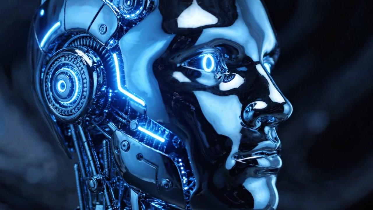 Testa di robot futuristica con dettagli illuminati: un'esplorazione del design e dell'estetica cyborg nella tecnologia moderna.