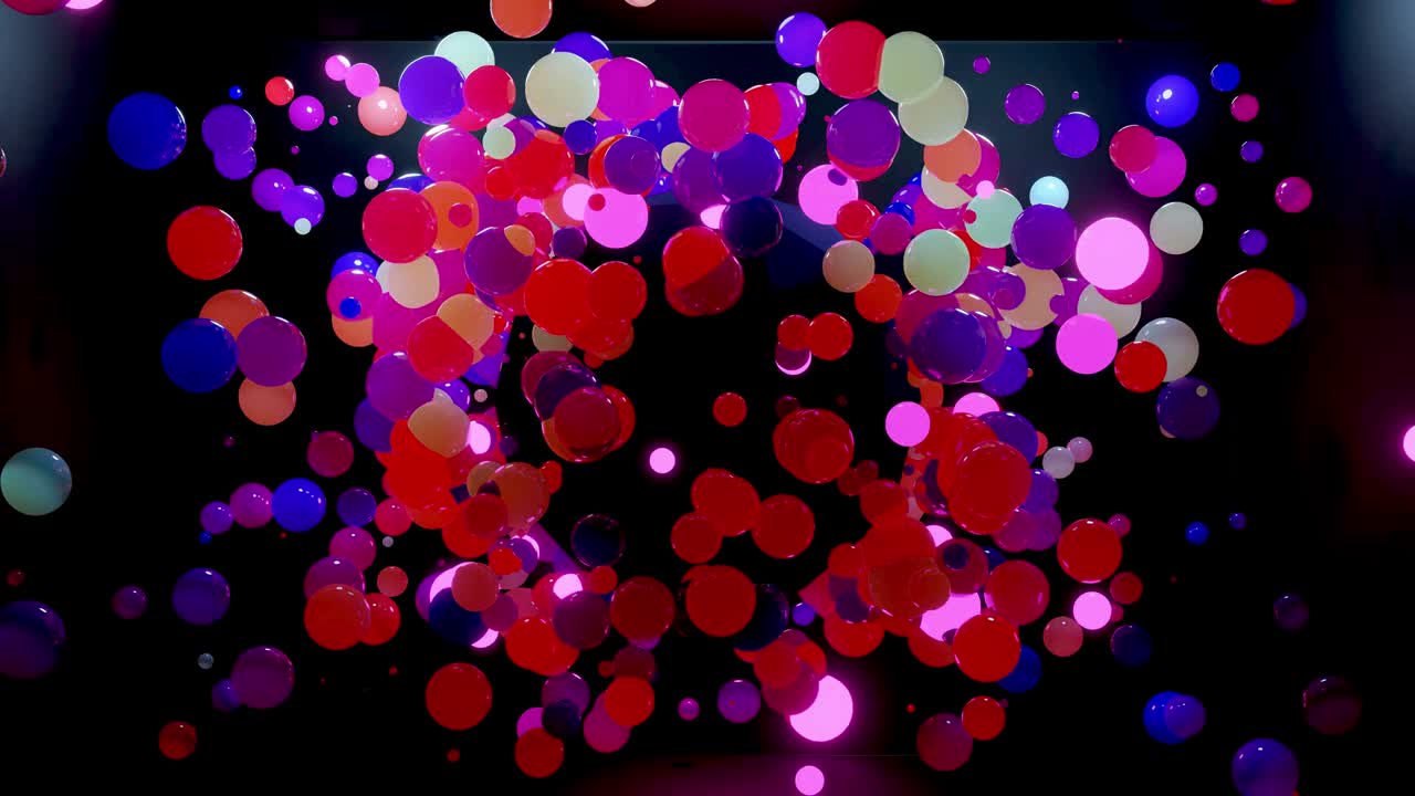 Abstract composition of colorful balls in air, which randomly light up and reflect in each other. Multicolored spheres in air as simple geometric dark background with light effects in dark room.