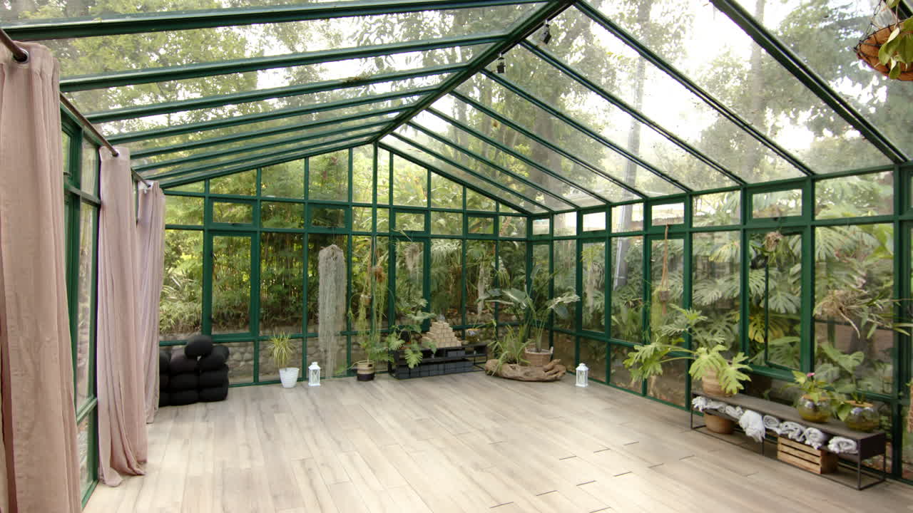 Empty glass house with plants and wooden floor, perfect for yoga sessions, copy space