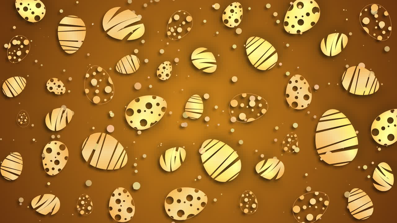 Decorative background from golden Easter eggs with graphic pattern and color dots. Happy Easter doodle loop animation.