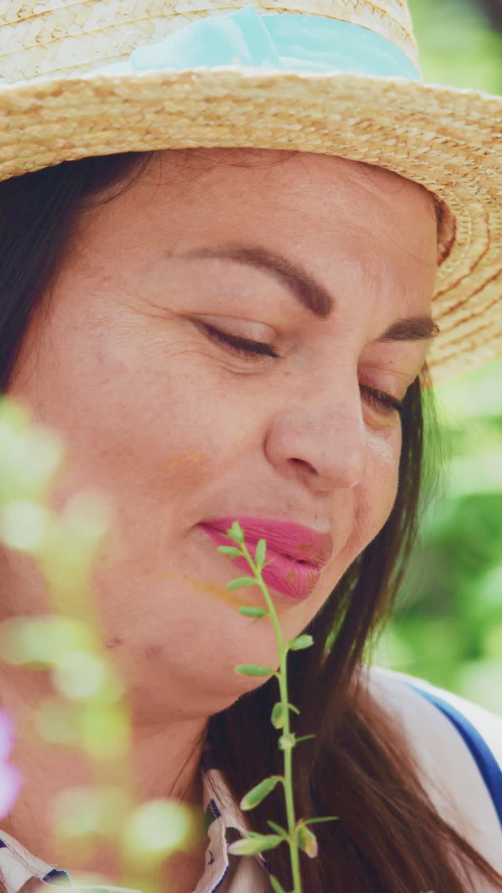 A Woman Enjoying Nature's Beauty with a Serene Expression, Softly Smiling as She Engages with the Surroundings in a Lush Green Environment