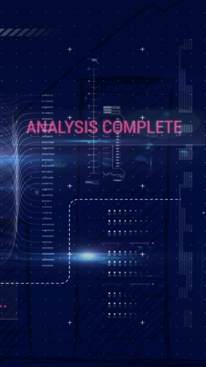 Animation of scanning, analysis complete text and charts processing data on interface screen