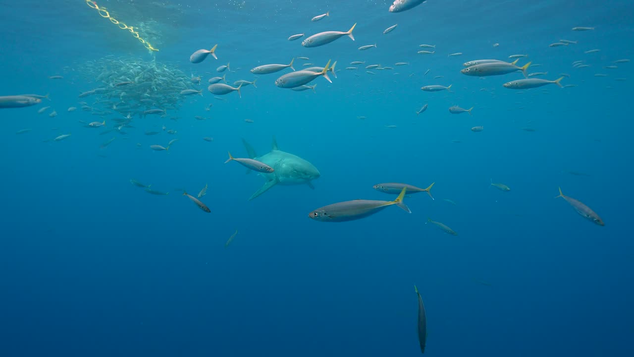 Great White Shark approaches bait, getting close and swimming by while cage diving at the island of Guadalupe, Mexico. Slow motion shot
