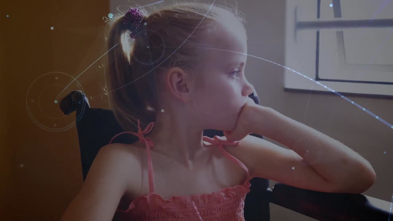 슬픈 장애인 백인 여학생에 대한 연결 네트워크의 애니메이션