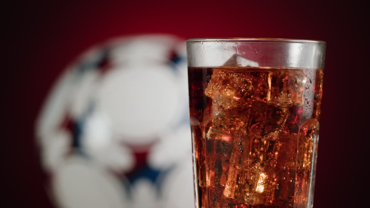 Cold soda in glass with soccer ball in the background