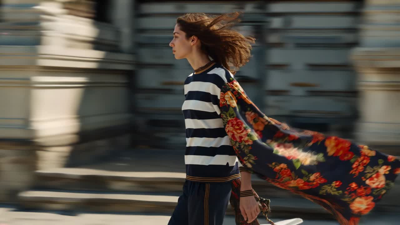 Donna che cammina con maglia a righe, attraversa la piazza con sguardo concentrato e la brezza le solleva il capospalla, mentre tiene una borsa