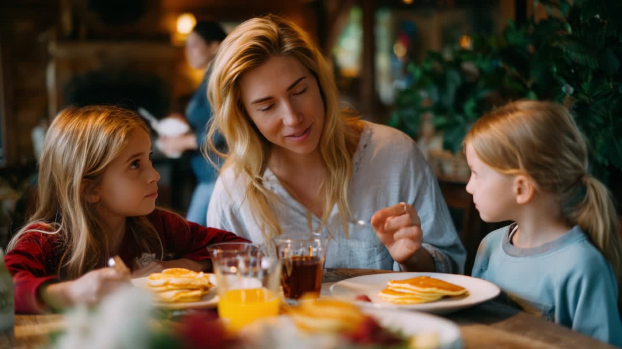 A Heartwarming Breakfast Moment: A Mother Enjoys Quality Time with Her Two Daughters as They Share Pancakes, Stories, and Laughter in a Cozy, Inviting Environment Filled with Cheerful Ambiance