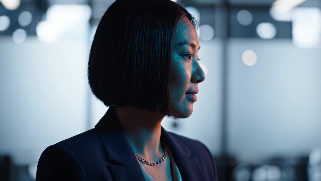 A thoughtful woman in professional attire gazes out from a modern office setting, embodying confidence and introspection in the soft blue ambient lighting.