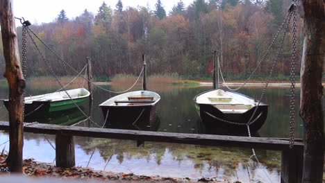 three rowing boats floating on the forest lake in the rain