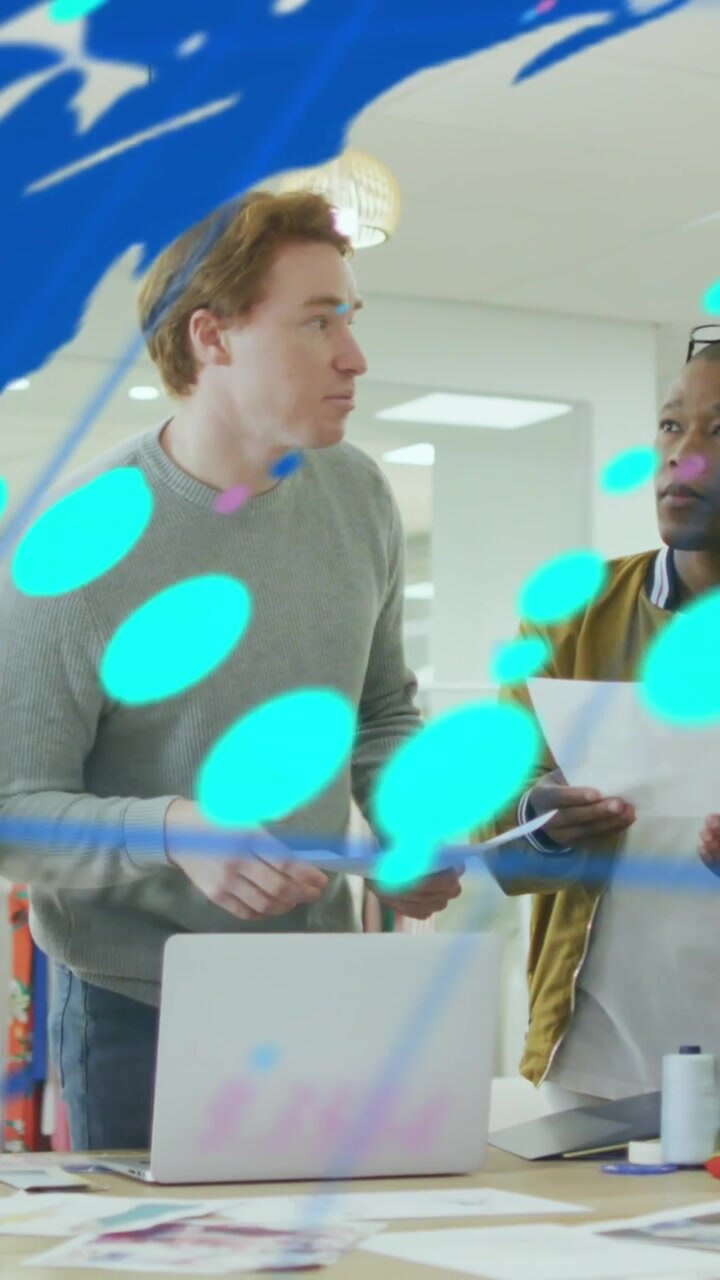 Diverse Business Colleagues Collaborating with Digital Data Overlay in Office