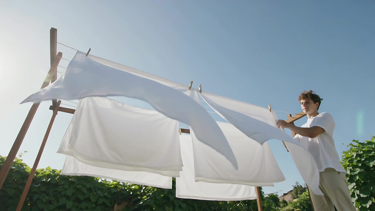 Hanging right-man whiteT pinning sheets pins on yardline to dry windlifting, copy space